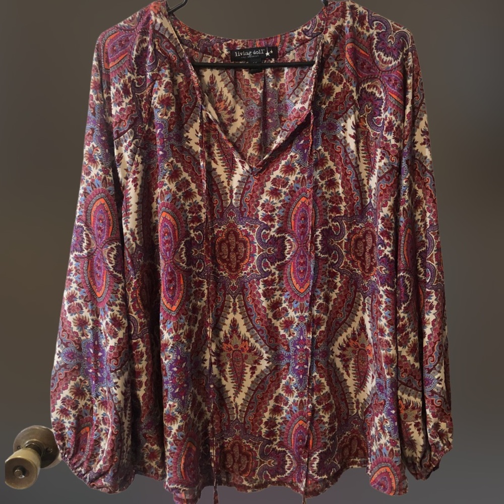 Living Doll 1X Long Sleeved Boho Blouse - Gorgeous Multi Colored Print